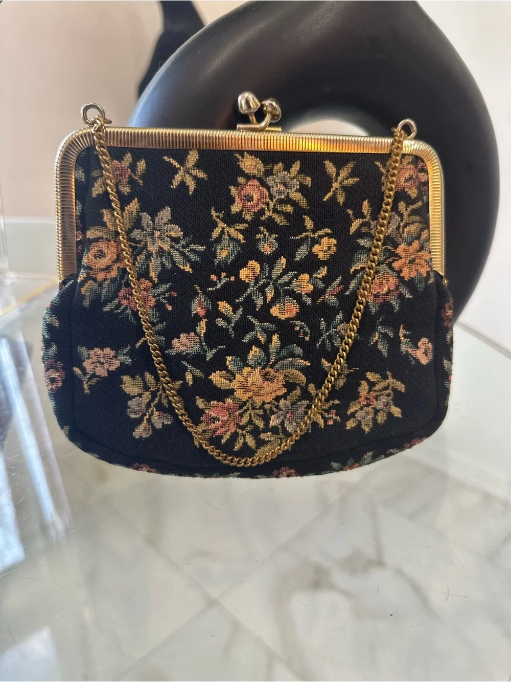 Floral Tapestry Frame Clutch with Gold-Tone Chain - Black Multicolor